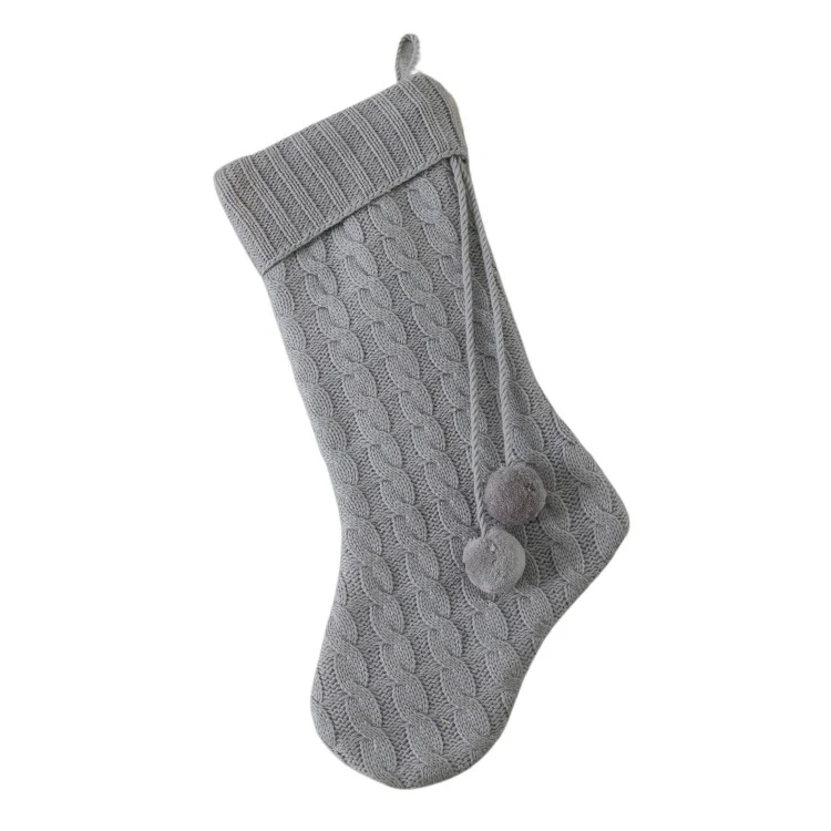 Pom pom Knitted Stocking Cream, Grey or Red - Image 3